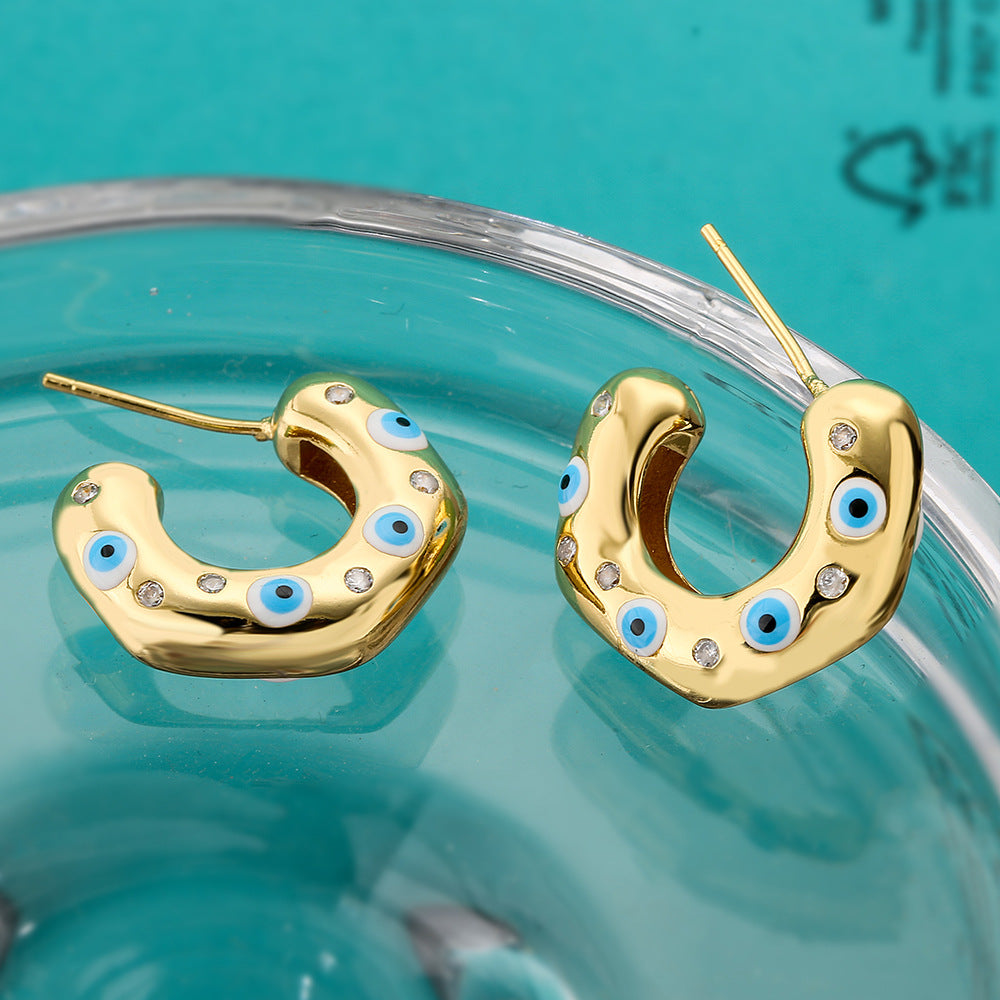 Irregular Geometric C-Shaped Earrings for Women with Micro-Pave Setting in Copper, Fashion-Forward Minimalist Design