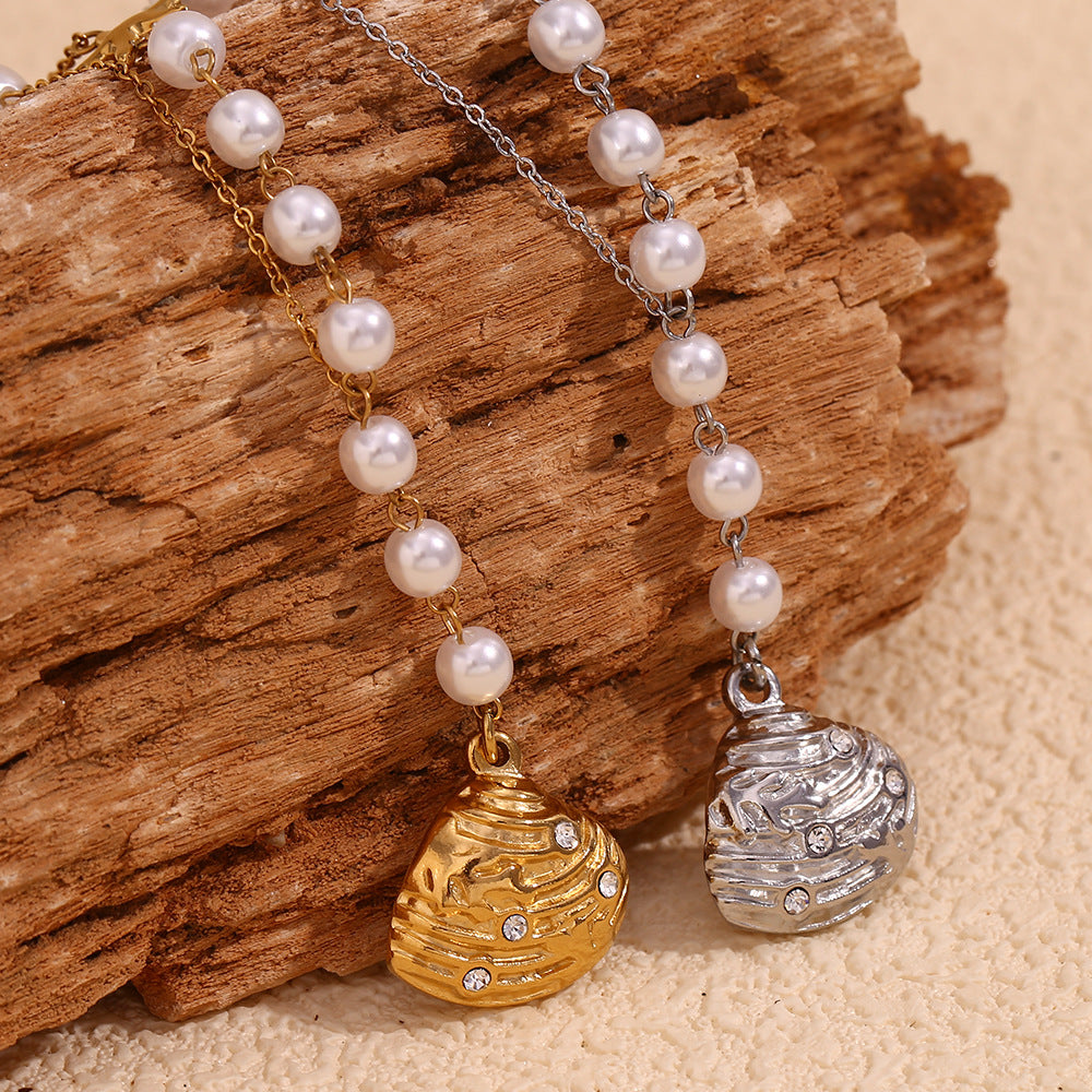 Vintage-Inspired Asymmetrical Seashell Pendant Necklace for Women in Stainless Steel with 18K Gold Plating and Rhinestone Accents