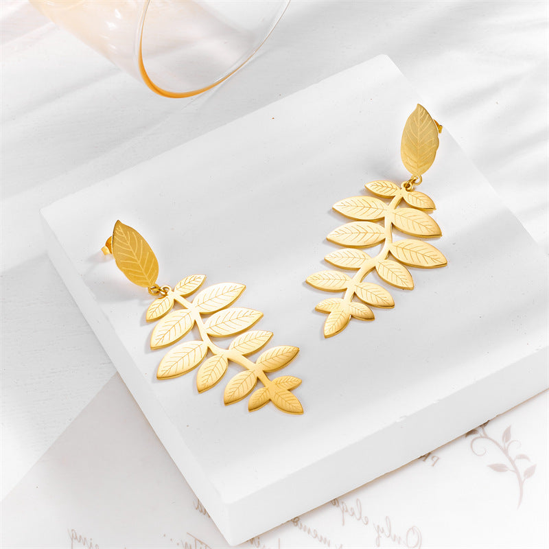 Vintage-Inspired Irregular Leaf-Shaped Titanium Steel Earrings with Gold Plating for Women