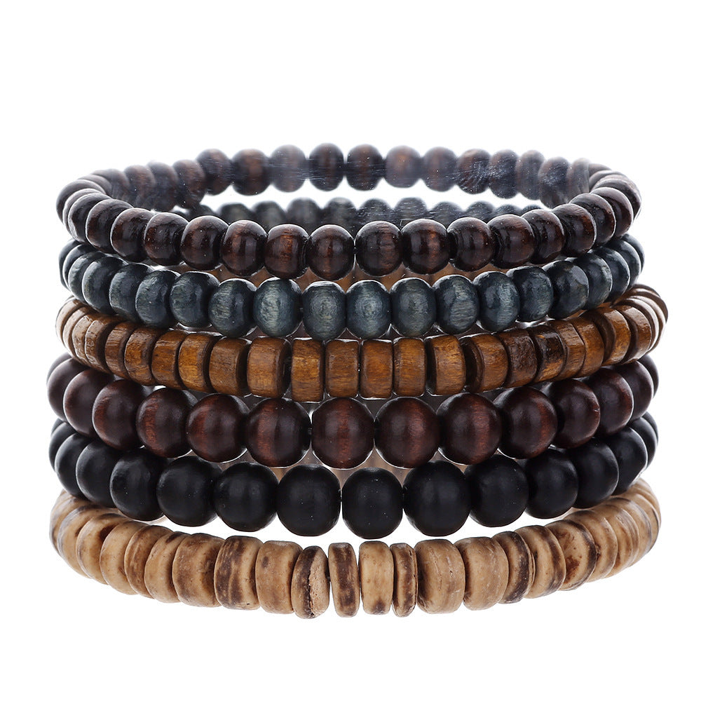 Multicolor Wood Bead and Coconut Shell Bracelet Handmade Geometric Unisex