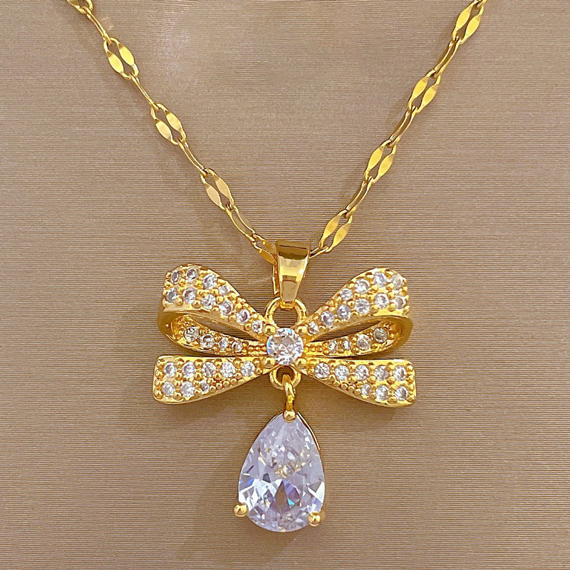 Luxury Titanium Steel Butterfly Pendant Necklace and Matching Stud Earrings Set with Micro-Pavé Detailing for Women