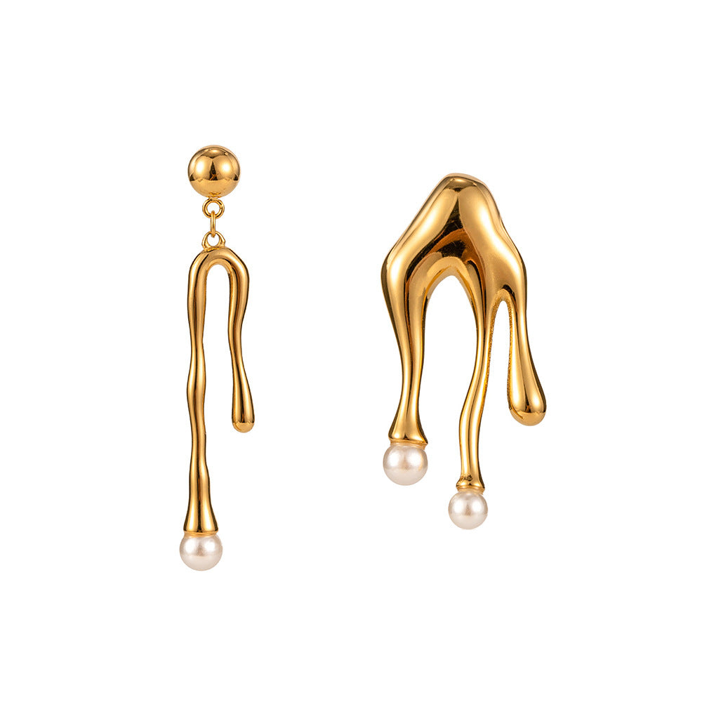Geometric Stainless Steel Earrings with Pearl Inlay and 18K Gold Plating Titanium Steel Liquid Design for Women