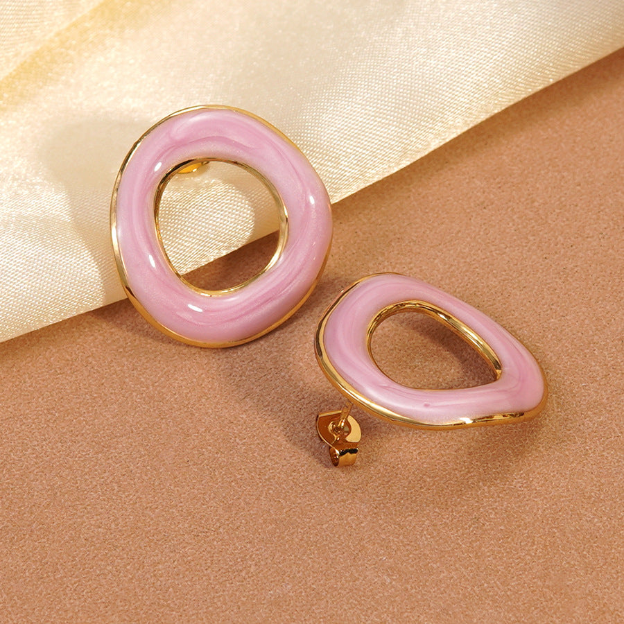Casual Round Geometric Drip Oil Stainless Steel Stud Earrings for Women