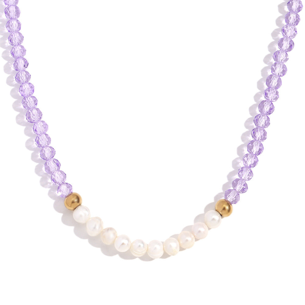 Collana Pendente Geometrica alla Moda in Acciaio Inossidabile da Donna con Pendente in Acciaio al Titanio, Finitura Placcata, Perle d'Acqua Dolce e Cristalli Taglio Leggero