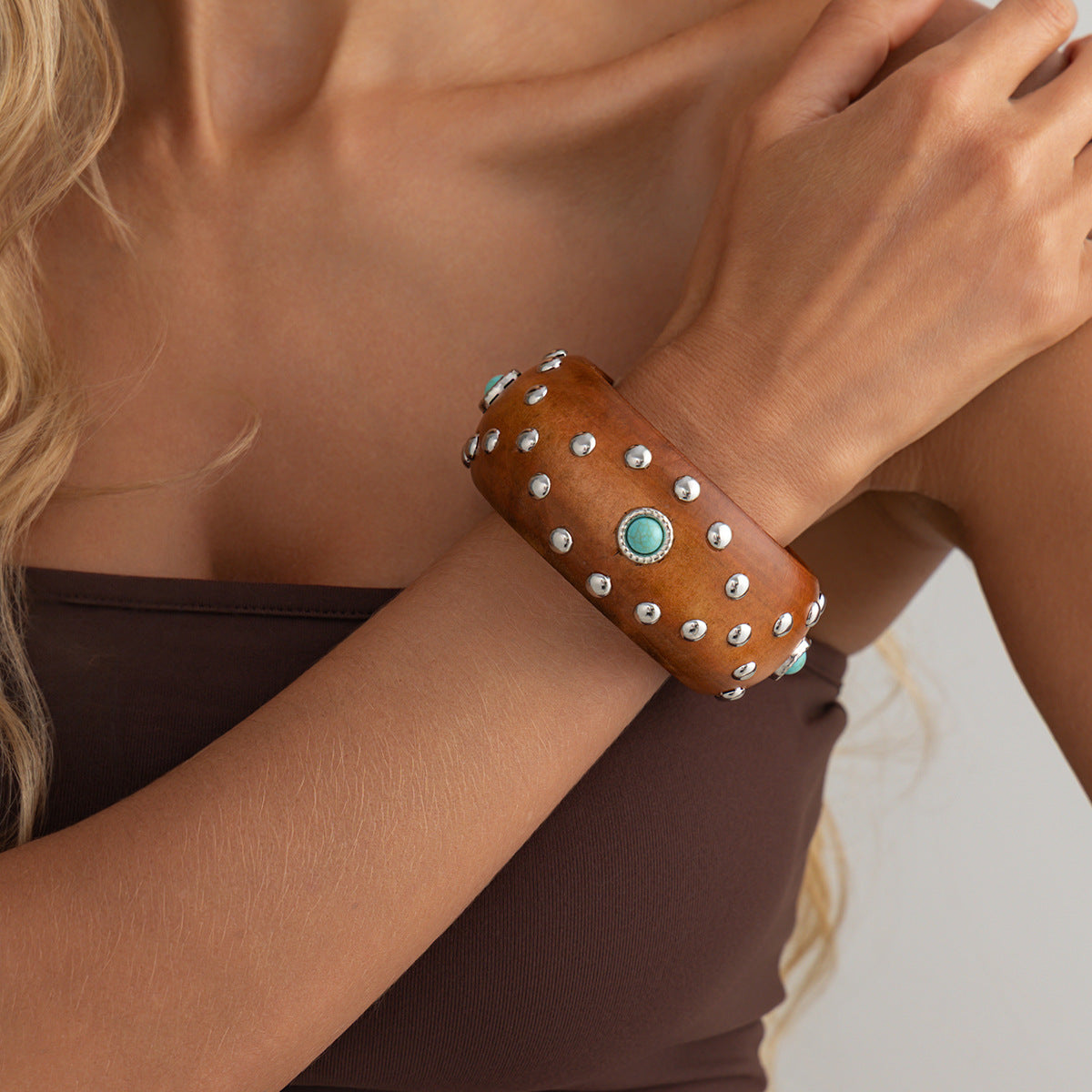 Vintage Ethnic Round Wood Cuff Bracelet Handmade
