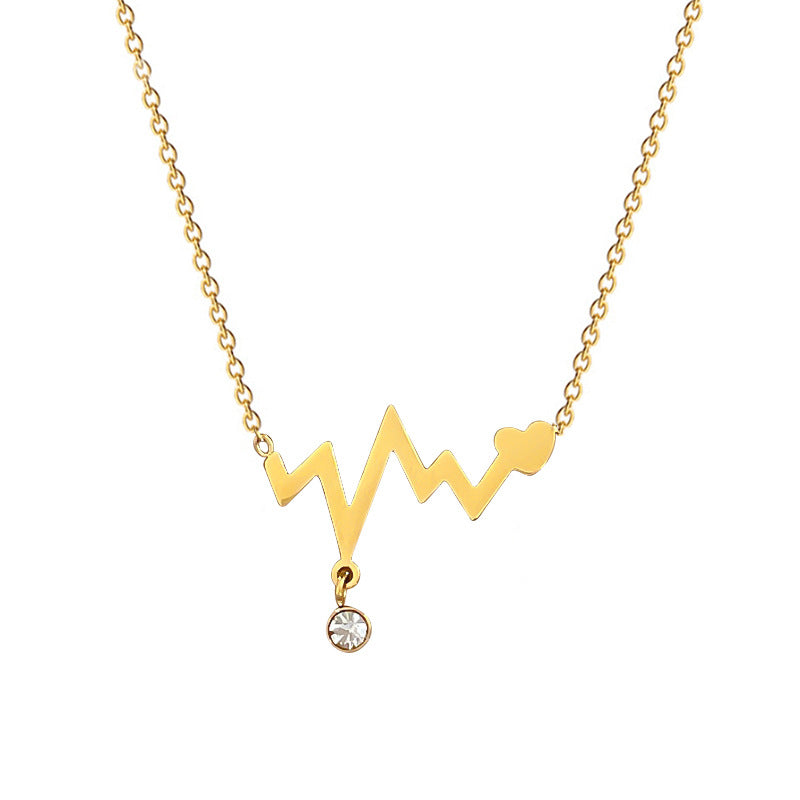 Minimalist Titanium Steel Heartbeat Wave Pendant Necklace for Women with Gold Plated Finish and Clavicle Chain Design