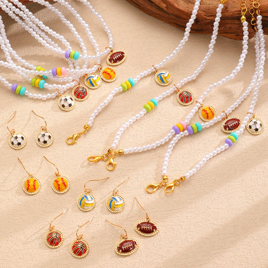 Sporty Plated Zinc Alloy Ball Pendant Pearl Chain Necklace Bracelet Earring Set for Women