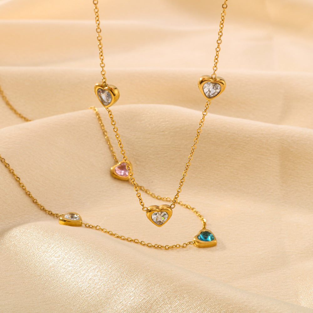 Minimalist Heart-Shaped Titanium Steel Necklace with 18K Gold Plating and Colorful Rhinestone Inlay on O-Chain