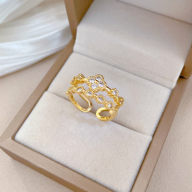 Sweet Minimalist Gold Plated Brass Clover Rhinestone Adjustable Ring for Women and Couples