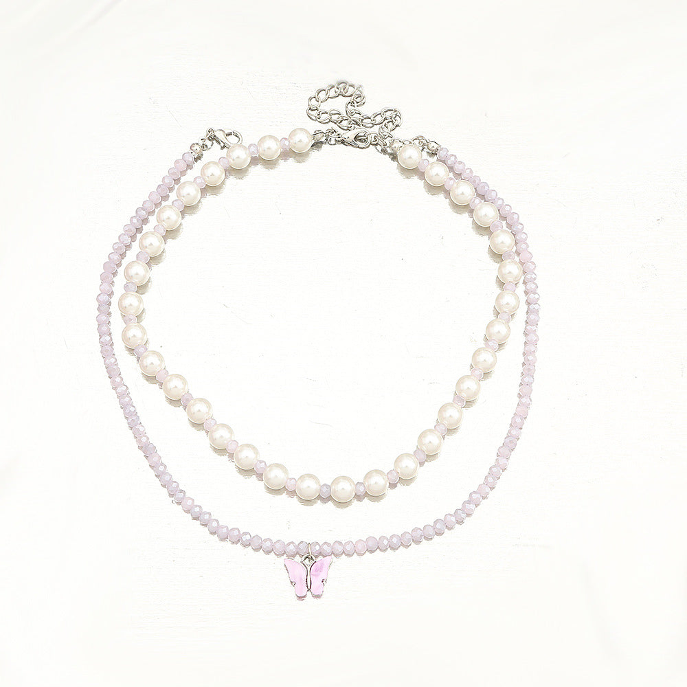 Conjunto de collar con colgante de mariposa minimalista para niñas con cuentas de cristal en cadena de bolas, joyería infantil estilo princesa dulce y linda