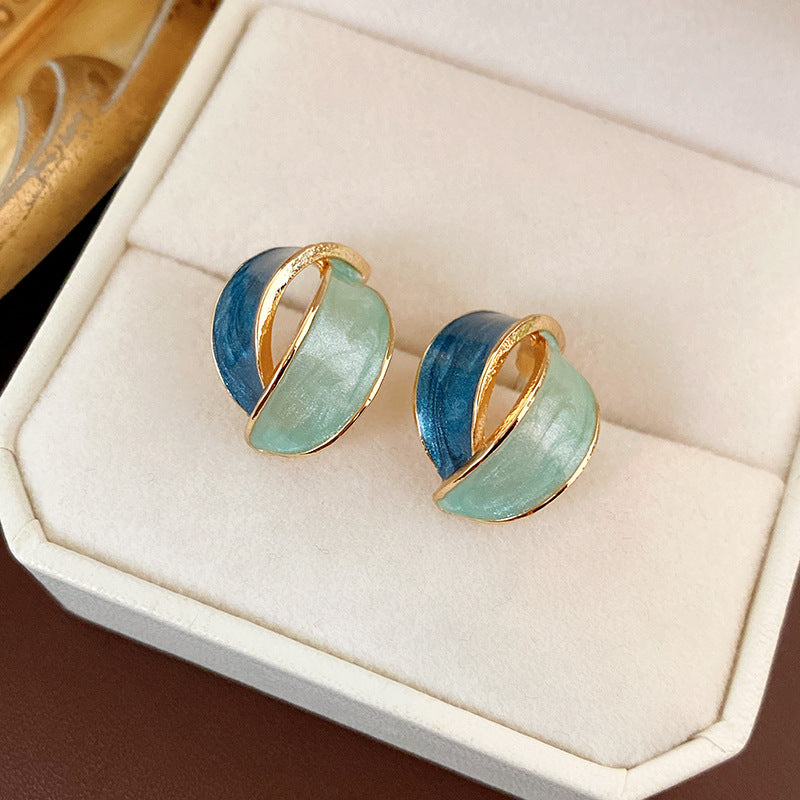 Chic Geometric Enamel Blue Green Contrast Stud Earrings for Women with Stainless Steel Posts