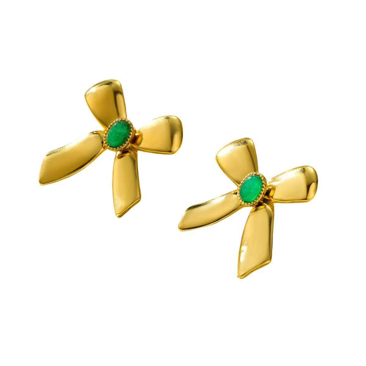 Orecchini Vintage a Fiocco in Acciaio Inossidabile con Placcatura in Oro 18K e Intarsio in Pietra Naturale da Donna