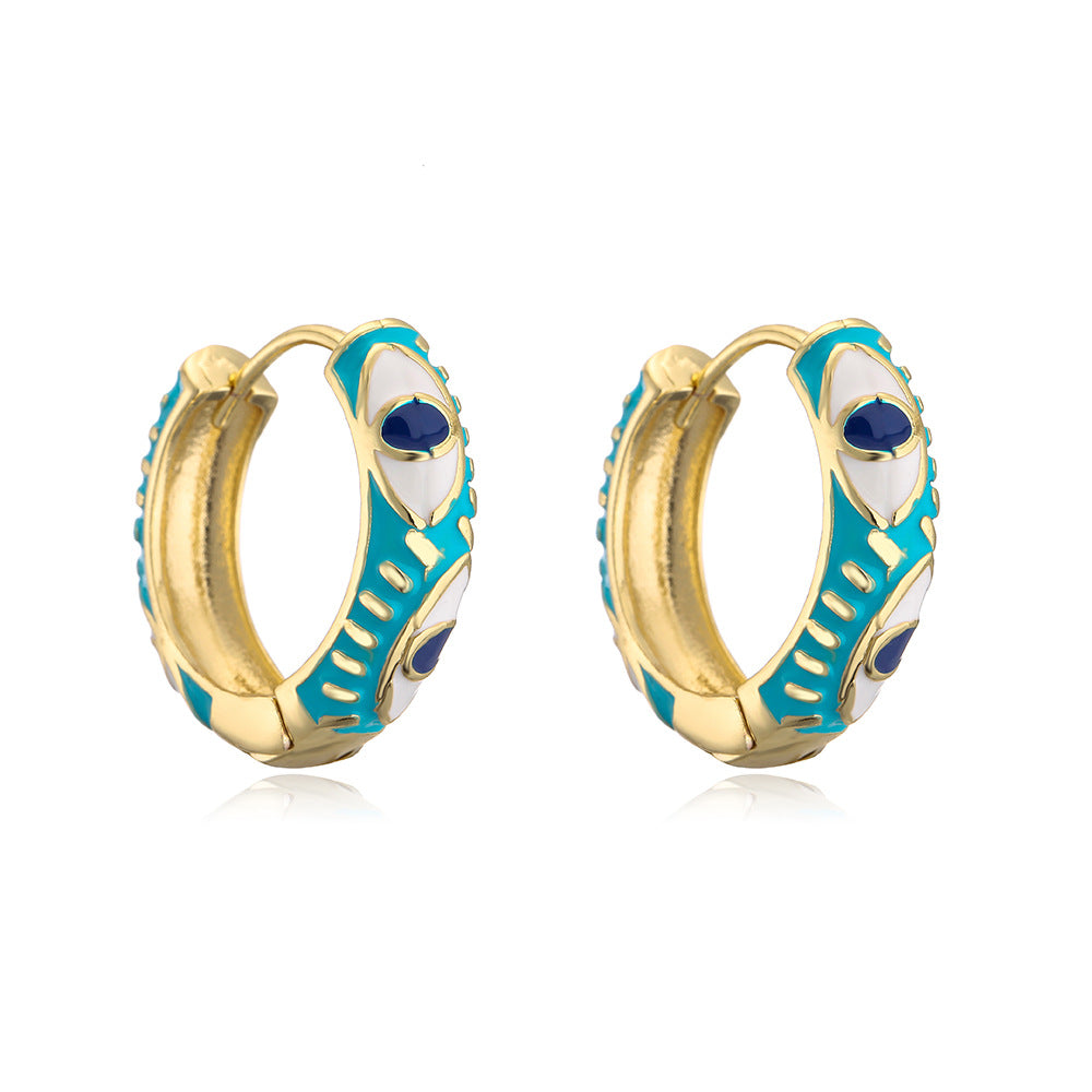Bohemian Style Geometric Copper Hoop Earrings with 18K Gold Plating and Enamel Eye Detail for Women