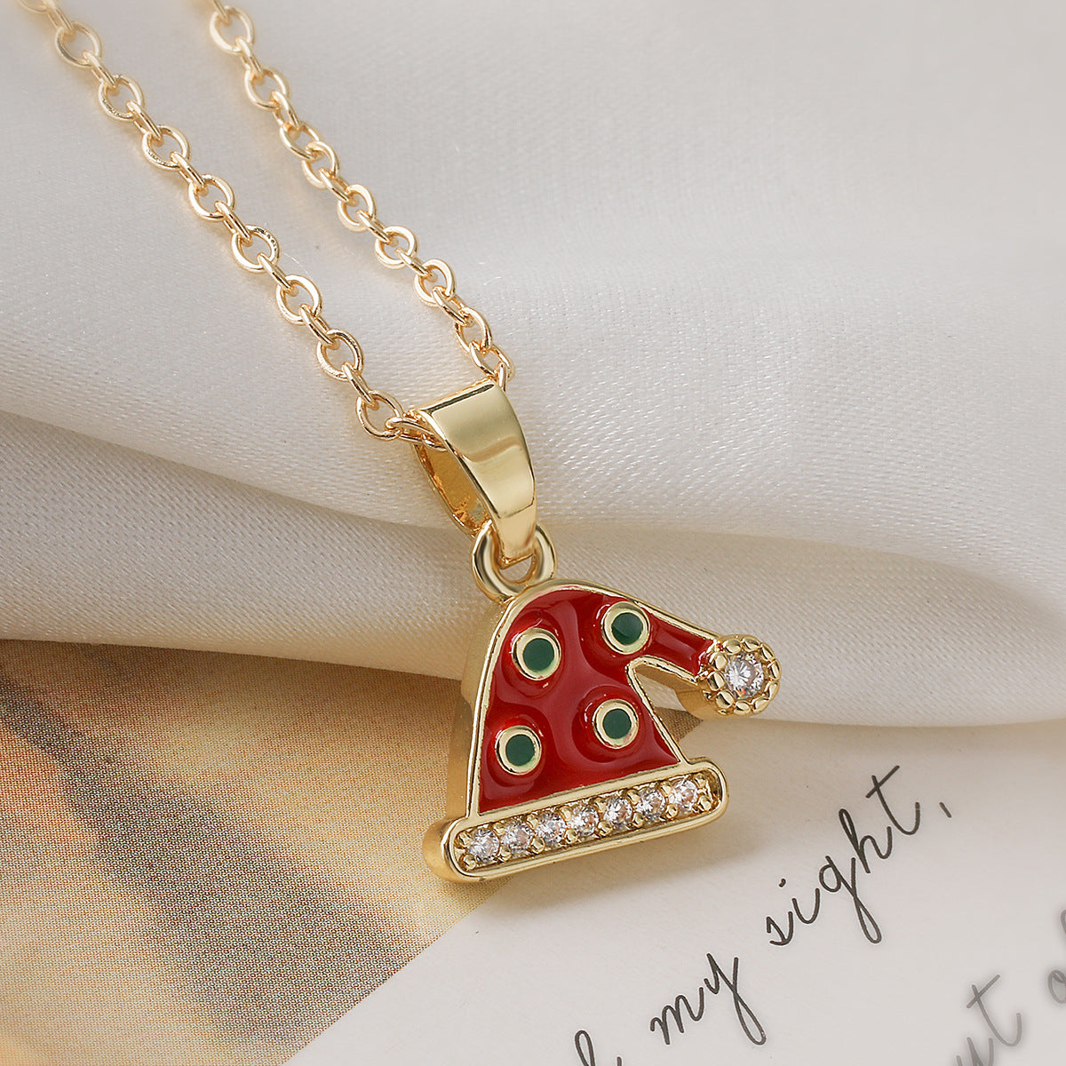 Christmas Geometric Drip Oil Gold Plated Brass Bell Pendant Necklace for Women