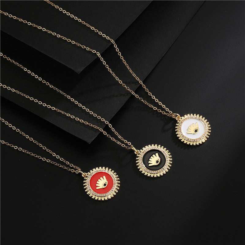 Gold Plated Brass Geometric Eye Pendant Necklace with Black White Red Drip Oil and Cubic Zirconia Inlay for Women