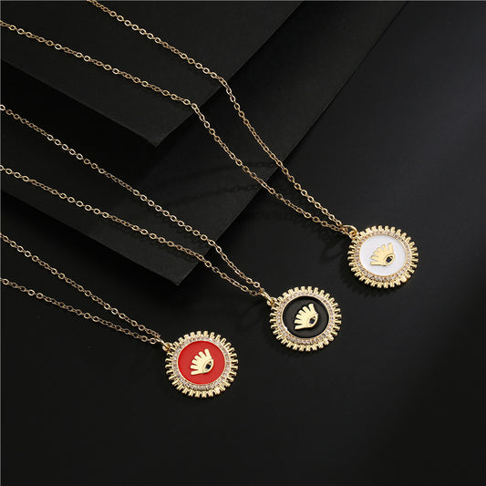 Gold Plated Brass Geometric Eye Pendant Necklace with Black White Red Drip Oil and Cubic Zirconia Inlay for Women