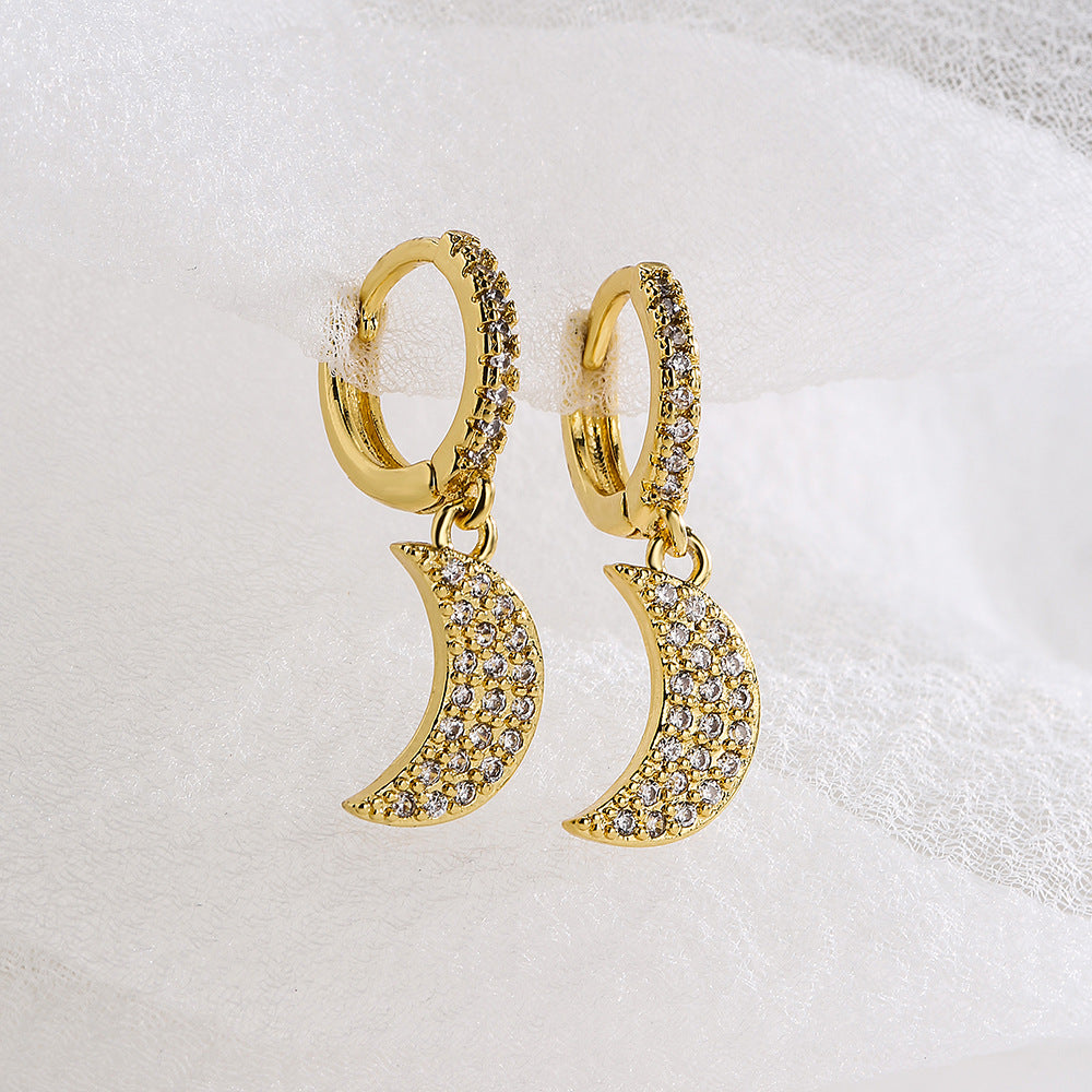 Minimalist Moon-Shaped Copper Earrings with 18K Gold Plating and Micro-Paved Zirconia for Women