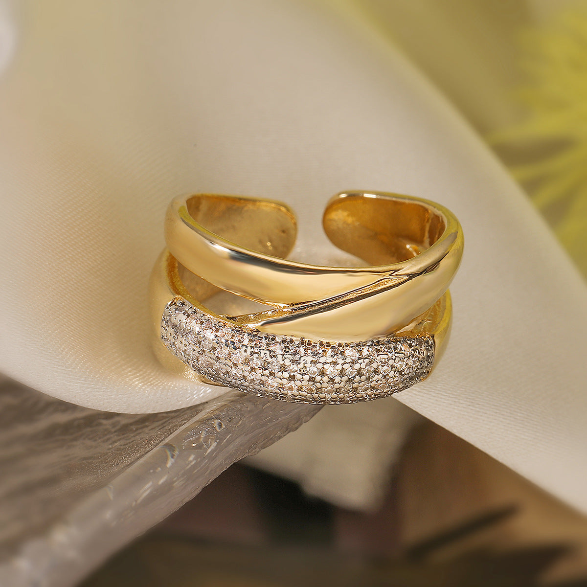 Minimalist Geometric Open Ring for Women in Brass with Micro-Paved Zirconia, Vintage-Inspired Fashion Accessory