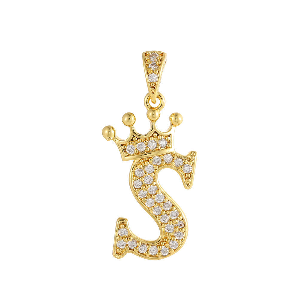 Gold Plated Brass Crown Letter Charm Bar with Cubic Zirconia for DIY Necklace Bracelet