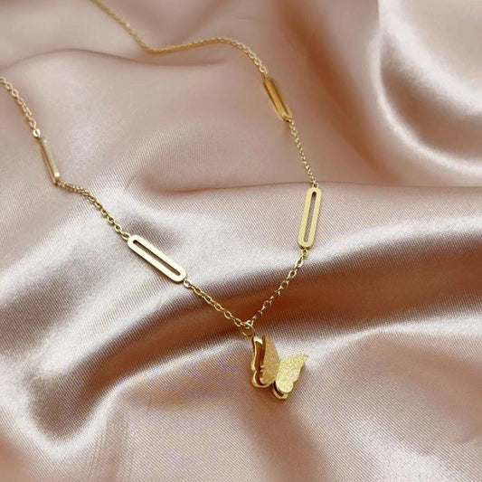 Minimalist Butterfly Pendant Necklace in Titanium Steel with Plated Finish on O-Chain for Unisex Wear