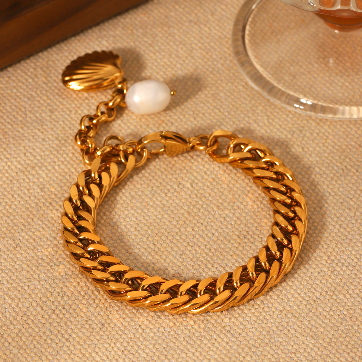 Bracciale da donna minimalista geometrico con perle d'acqua dolce e conchiglie, in acciaio inossidabile placcato oro 18K