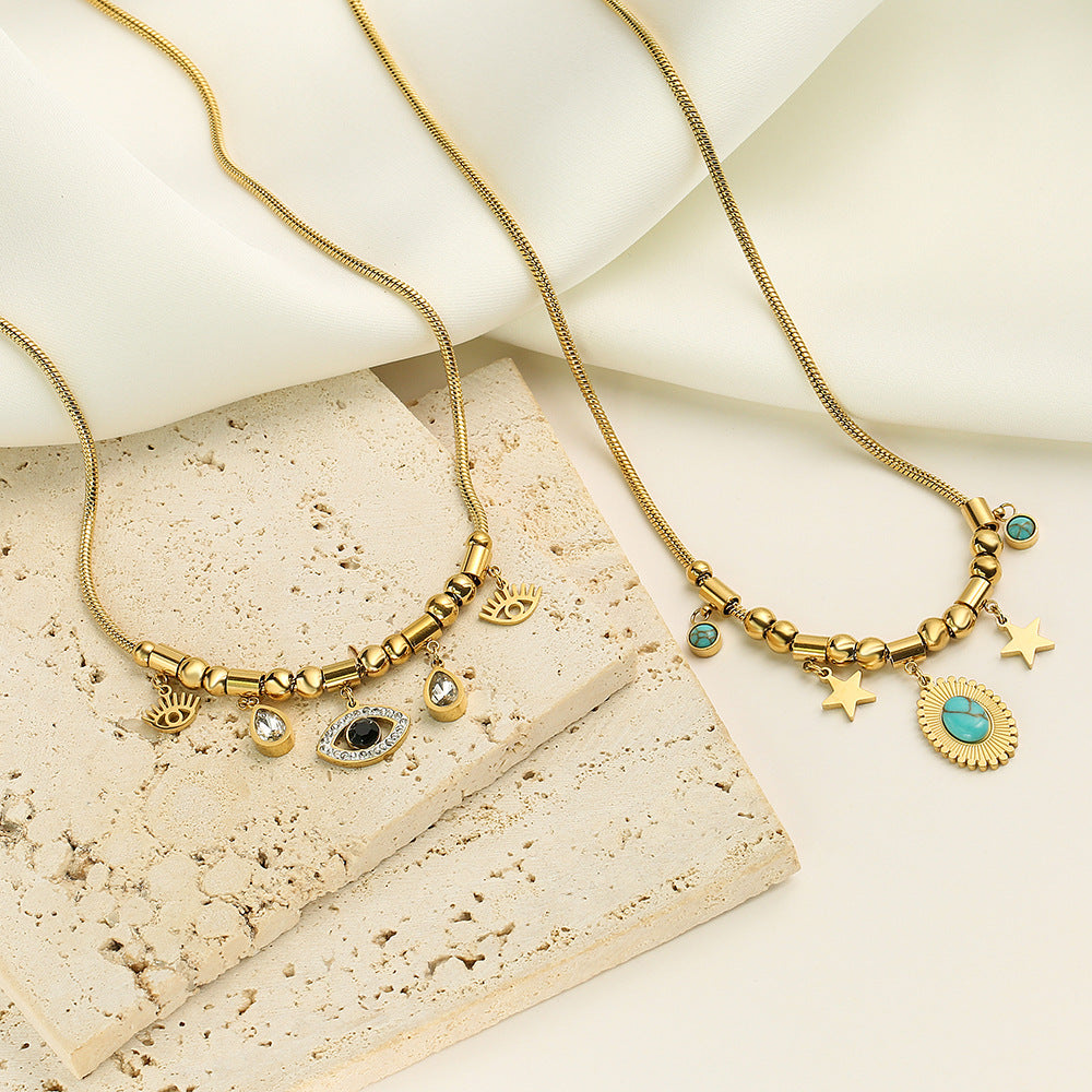 Collar con colgante geométrico minimalista turquesa para mujer con cadena de acero de titanio chapado en oro