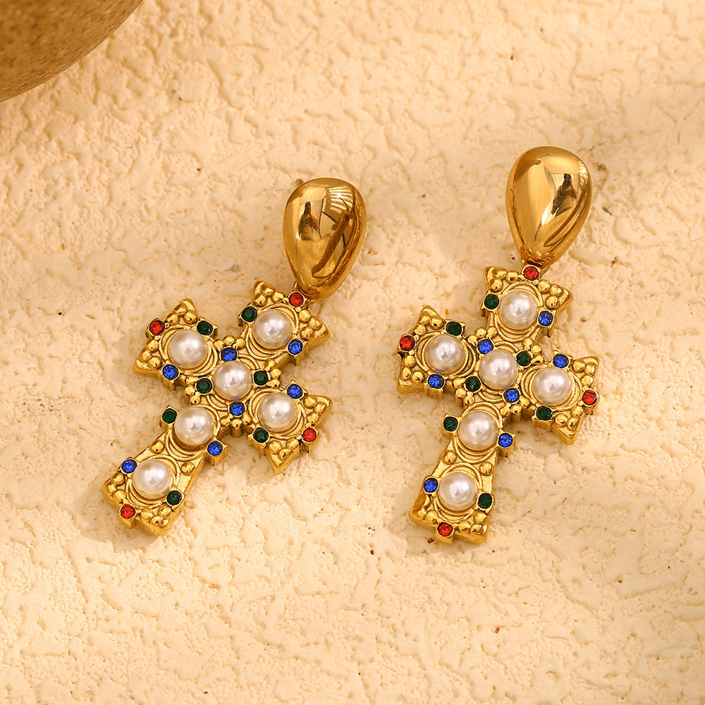 Vintage-Style Cross-Shaped Stainless Steel Earrings with 18K Gold Plating and Colored Rhinestone and Pearl Accents for Women