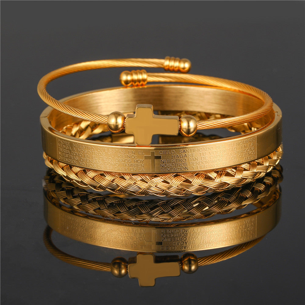 Punk Geometric Round Letter Titanium Steel Plated Open Cuff Bracelet Set for Unisex