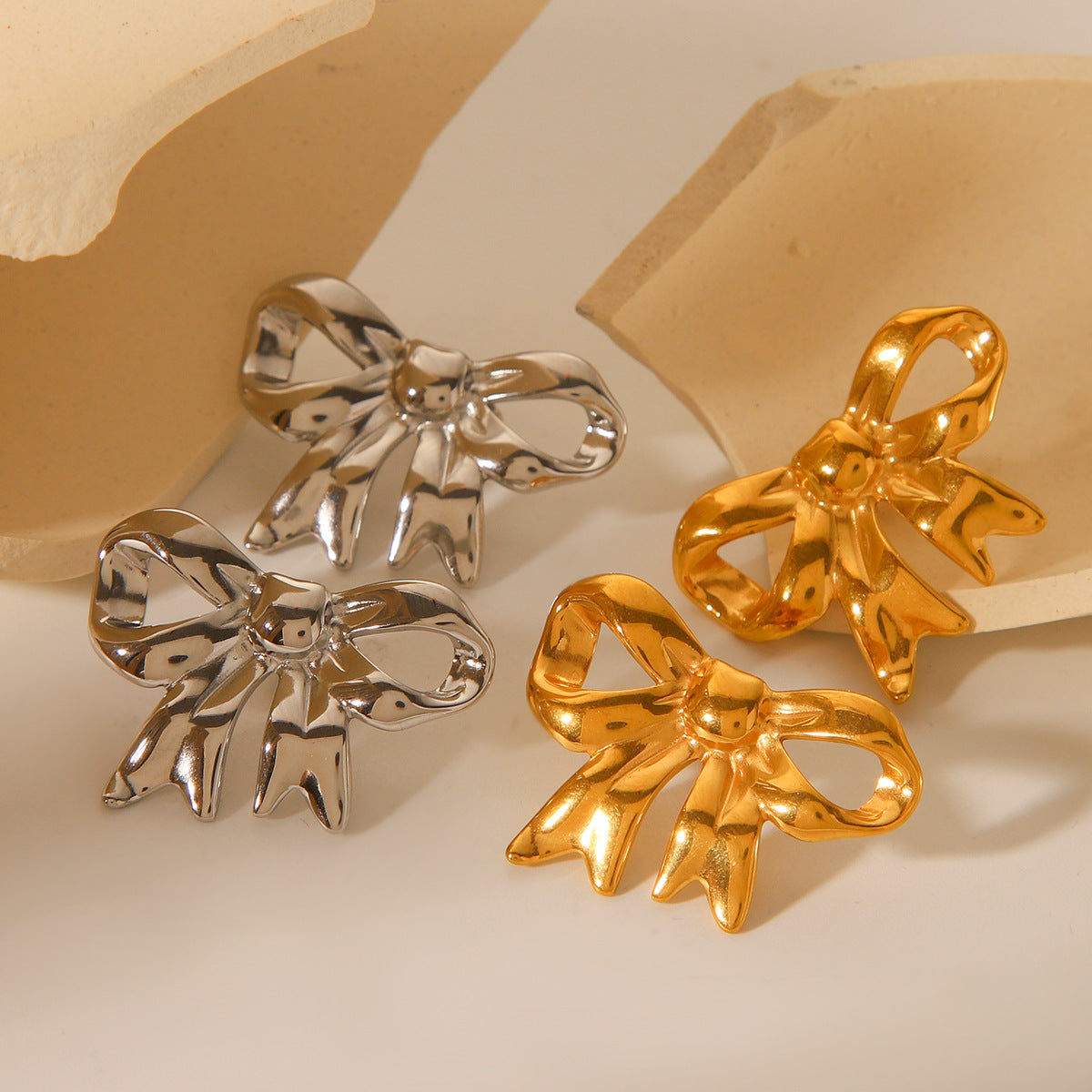 Minimalist Bow-Shaped Titanium Steel Earrings with 18K Gold Plating for Women