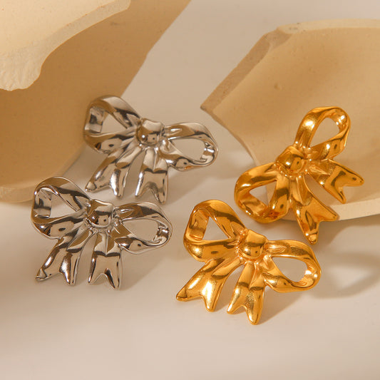 Minimalist Bow-Shaped Titanium Steel Earrings with 18K Gold Plating for Women