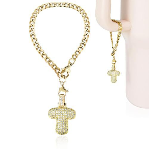 Cubic Zirconia Inlaid Brass Letter Charm Bar with Plated Finish