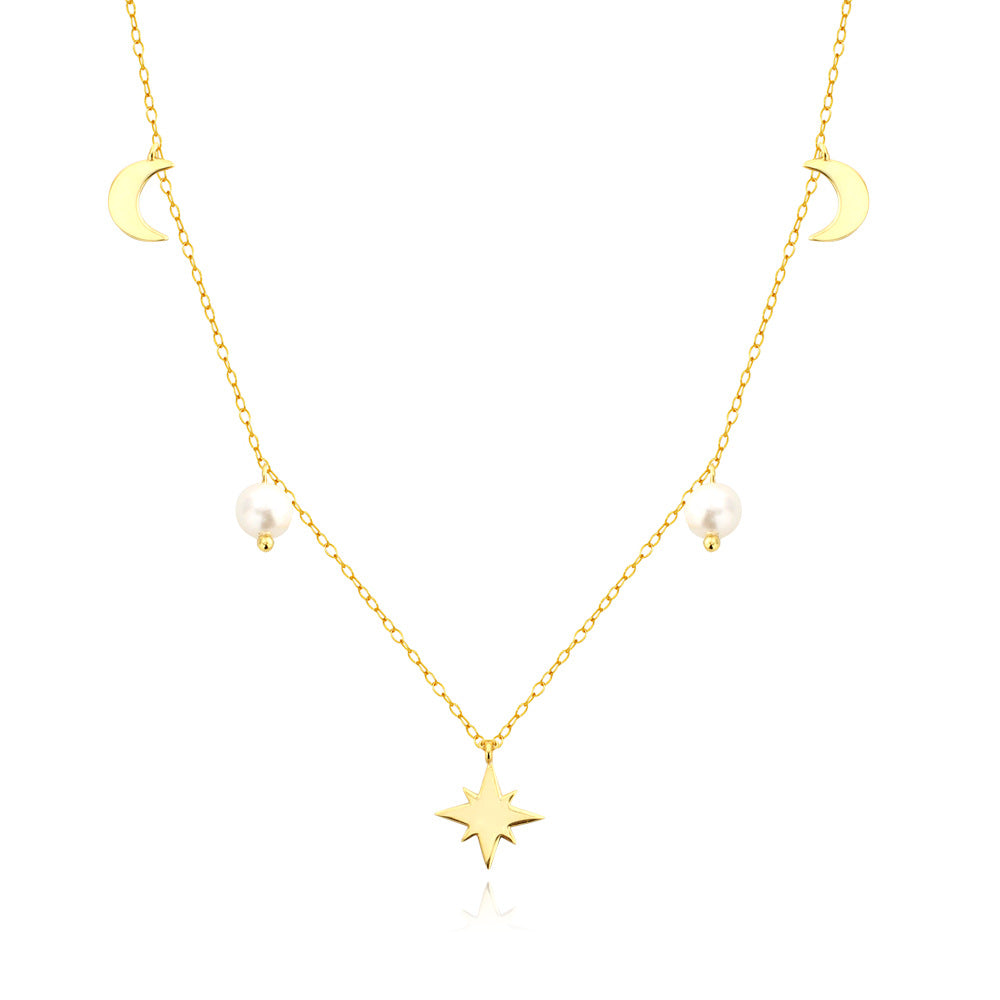 Elegante collar con colgante de perla de estrella y luna de plata de ley 925 con cadena chapada para mujer