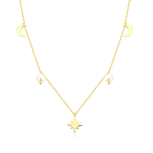 Elegante collar con colgante de perla de estrella y luna de plata de ley 925 con cadena chapada para mujer