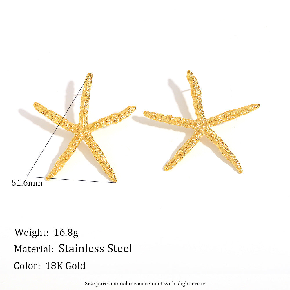 Minimalist Starfish-Shaped Stainless Steel Earrings with 18K Gold Plating and Hammered Texture for Women