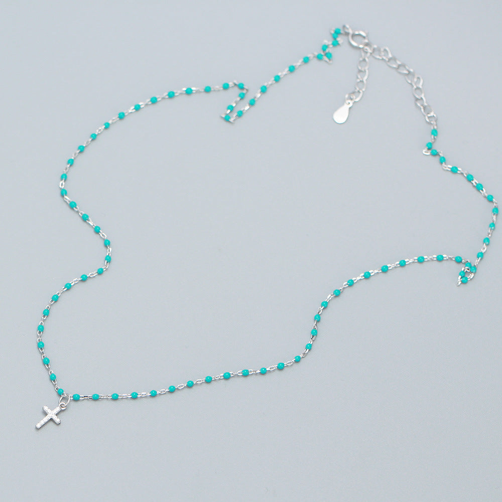 S925 Sterling Silver Cross Pendant Necklace with Rhinestone Inlay, Minimalist Luxury Design for Women, Resin Coated, Fashion Casual