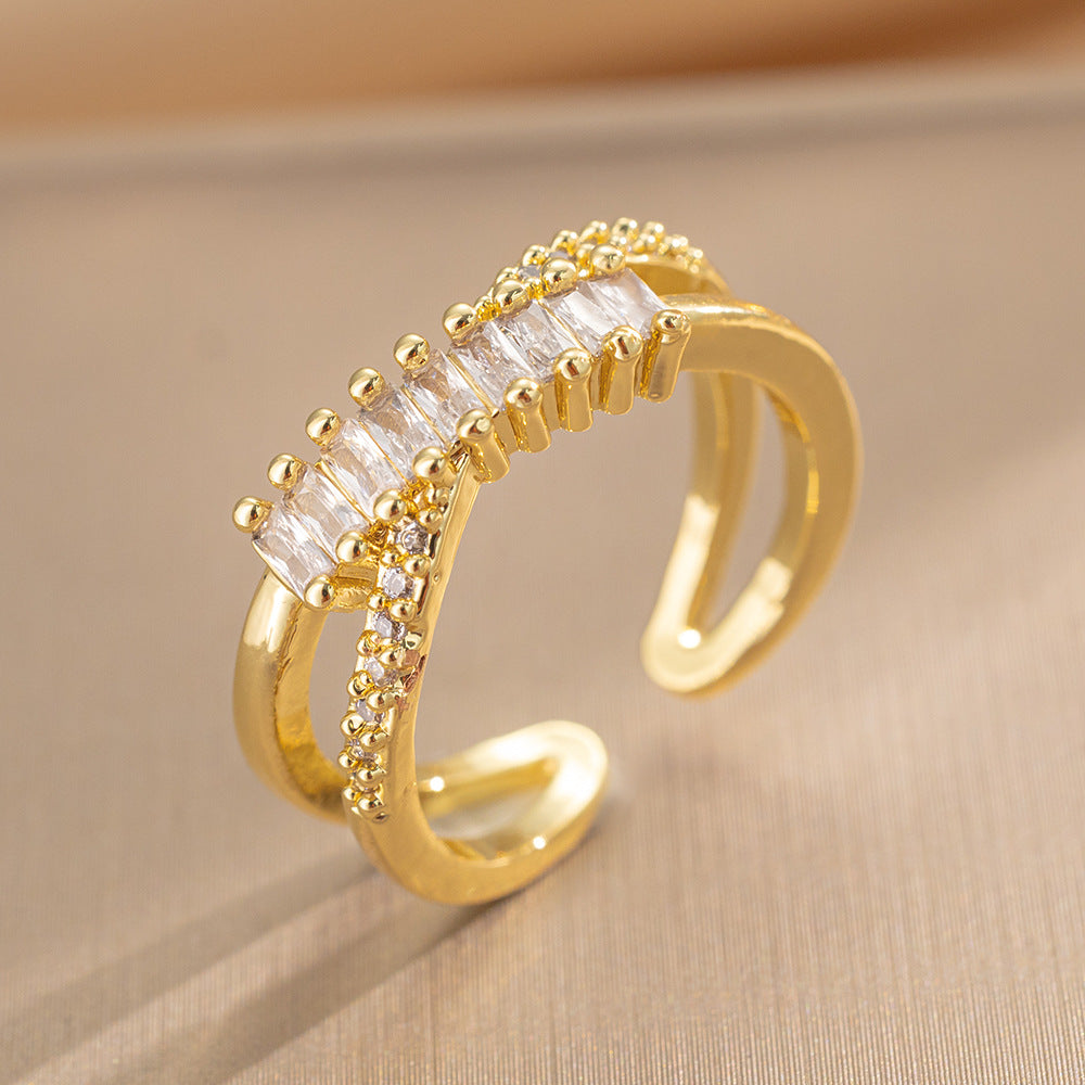 Luxury Minimalist Adjustable Open Ring for Women with Gold-Plated Copper Band and Zircon Stone Accent in Heart and Floral Shape