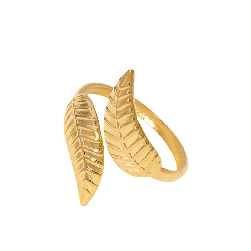 Minimalist Leaf-Shaped Stainless Steel Open Ring for Women with Plated Finish