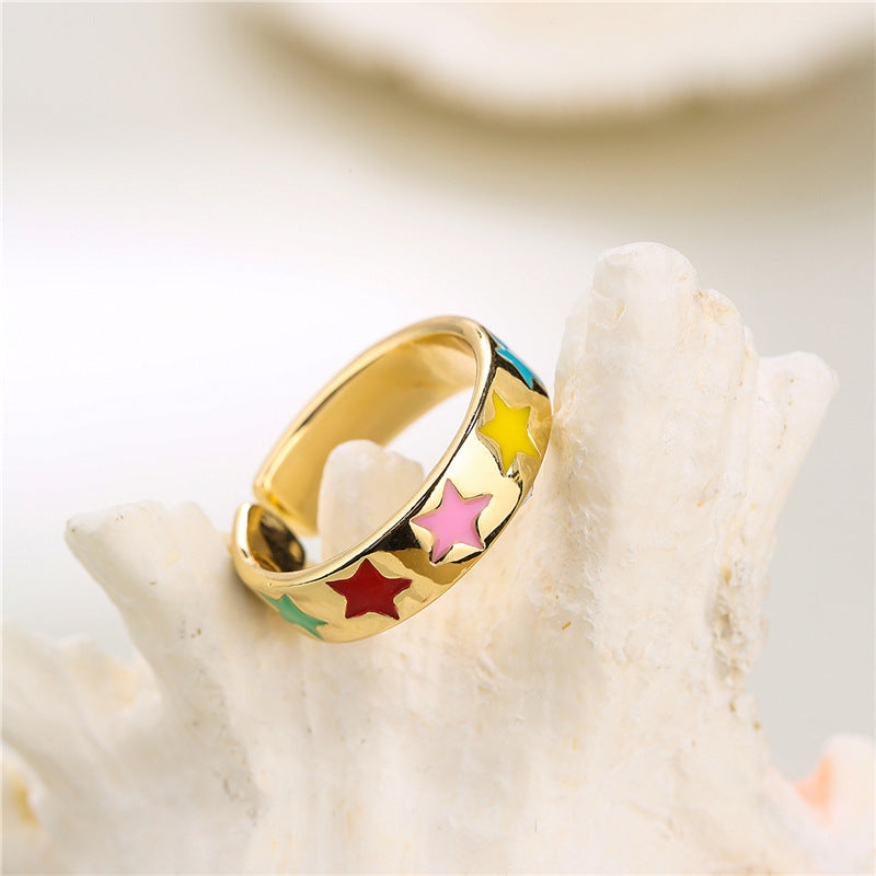 Rainbow Gradient Drip Oil Gold Plated Brass Star Ring for Women