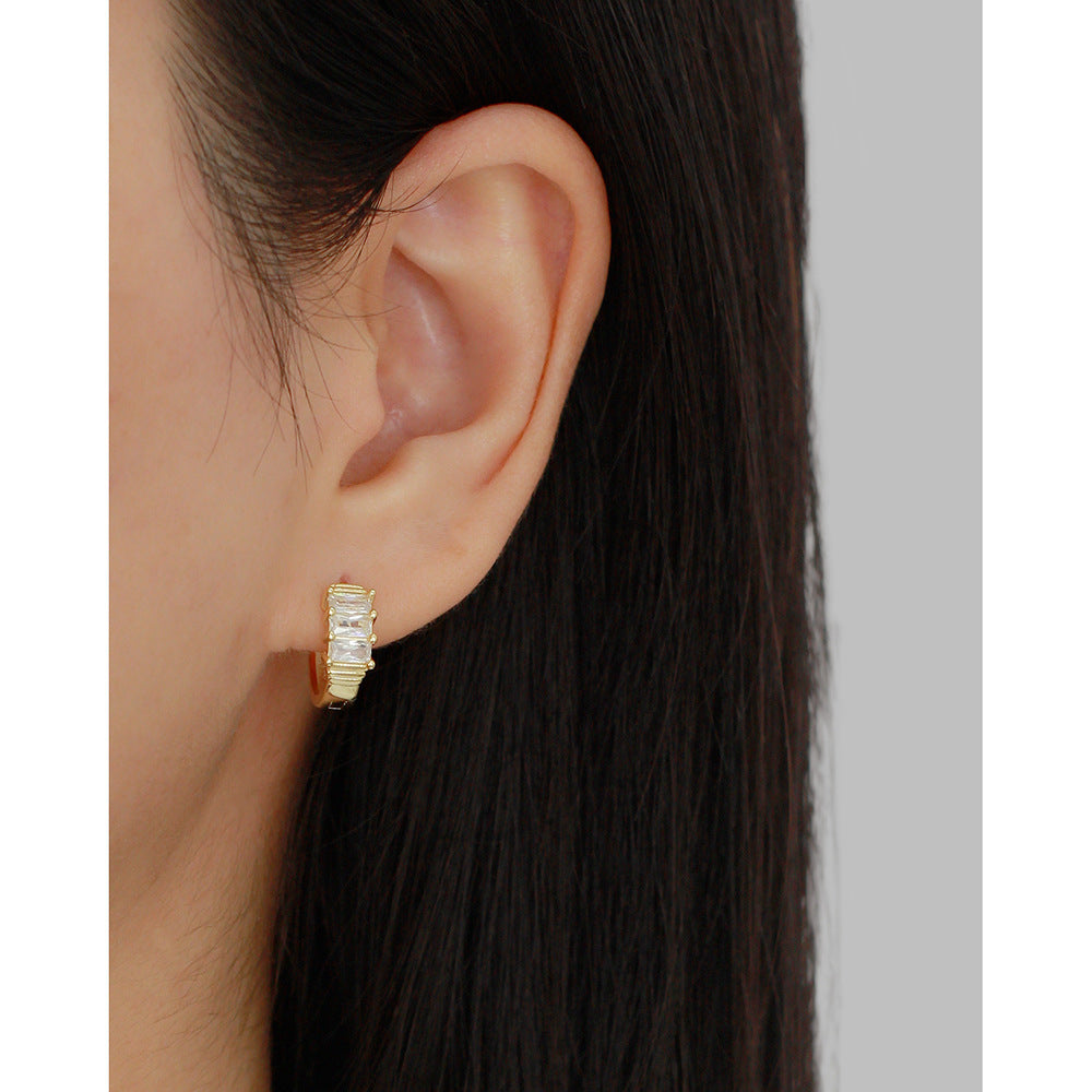 Elegant Luxury 925 Sterling Silver Rectangle Cubic Zirconia Inlay Hoop Earrings for Women