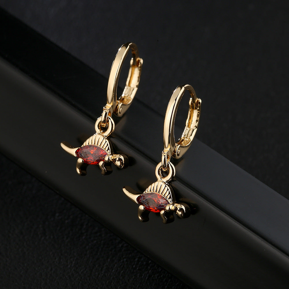 Cute Dinosaur-Shaped Earrings for Women with Copper Base and 18K Gold Plating, Micro-Paved Zirconia