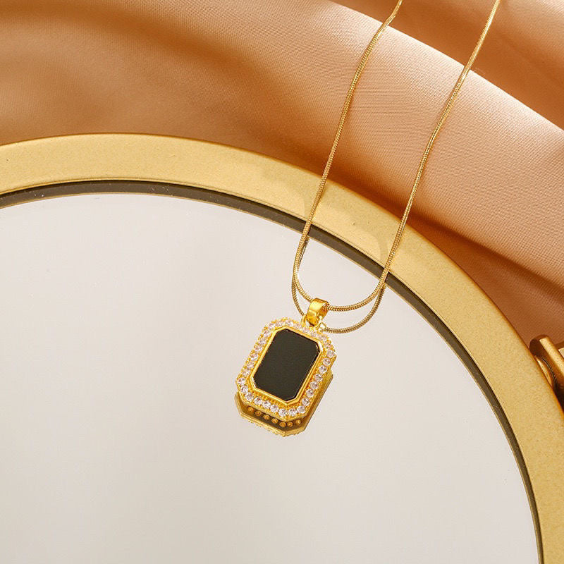 Minimalist Square Pendant Necklace for Women and Men in Titanium Steel with Rhinestone Inlay and Gold Plating on O-Chain