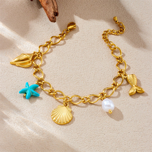 Fashionable Stainless Steel Pearl Sea Star Pendant Bracelet with 18K Gold Plating for Women