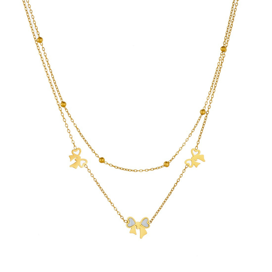 Minimalist Luxury Gold Plated Stainless Steel Bow Pendant Double Layer Necklace Set for Women