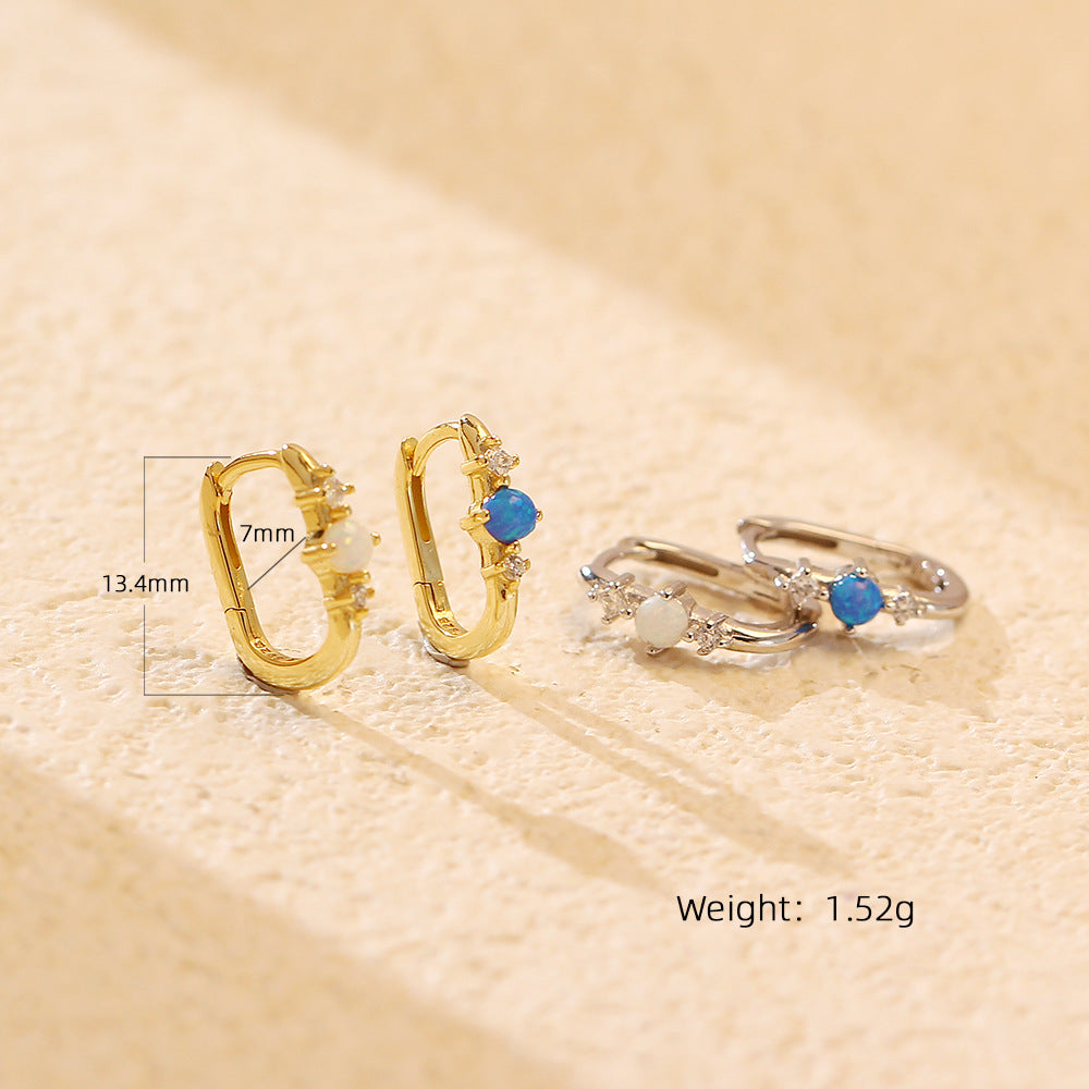 Pendientes de Aro Rectangulares de Plata de Ley 925 con Ópalo, Elegantes y Minimalistas para Mujer