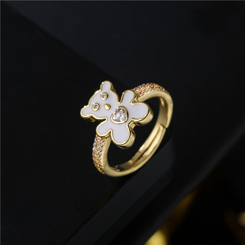 Cute Drip Oil Micro-inlaid Cubic Zirconia Brass Bear Ring for Women