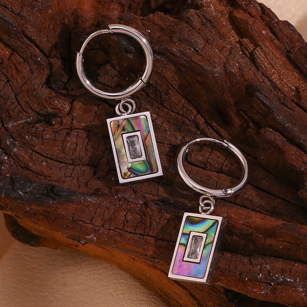 Minimalist Geometric Stainless Steel Plated Rectangle Abalone Shell and Zircon Earrings for Women