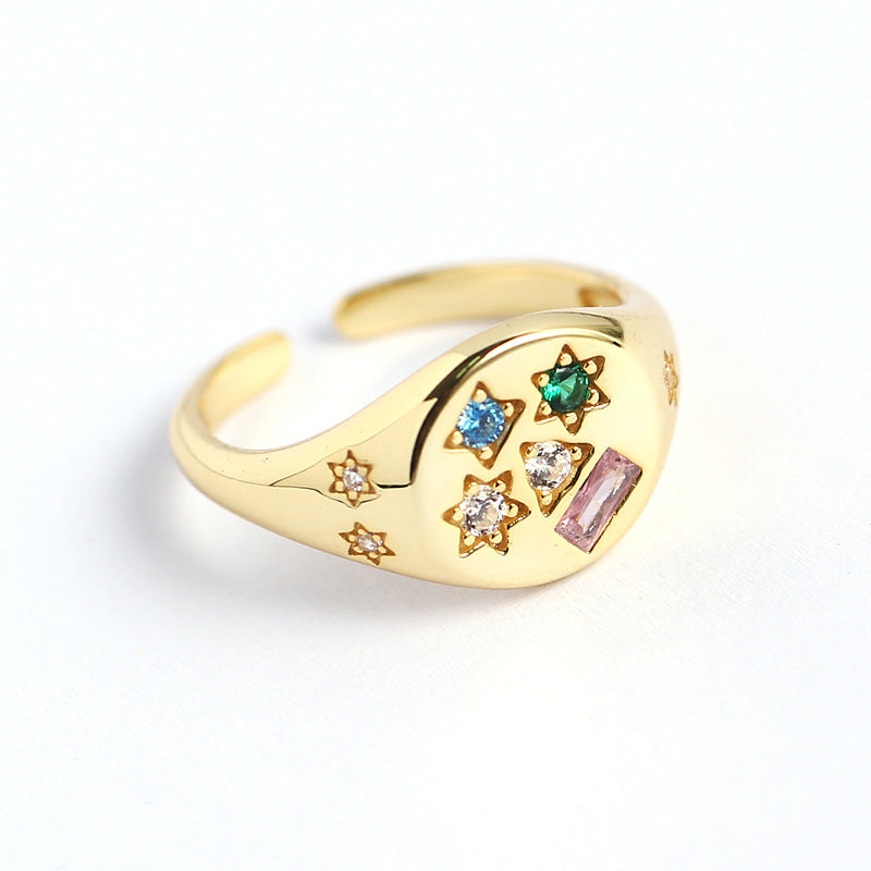 Minimalist Star-Shaped S925 Sterling Silver Ring with Micro-Paved Colored Zirconia for Women
