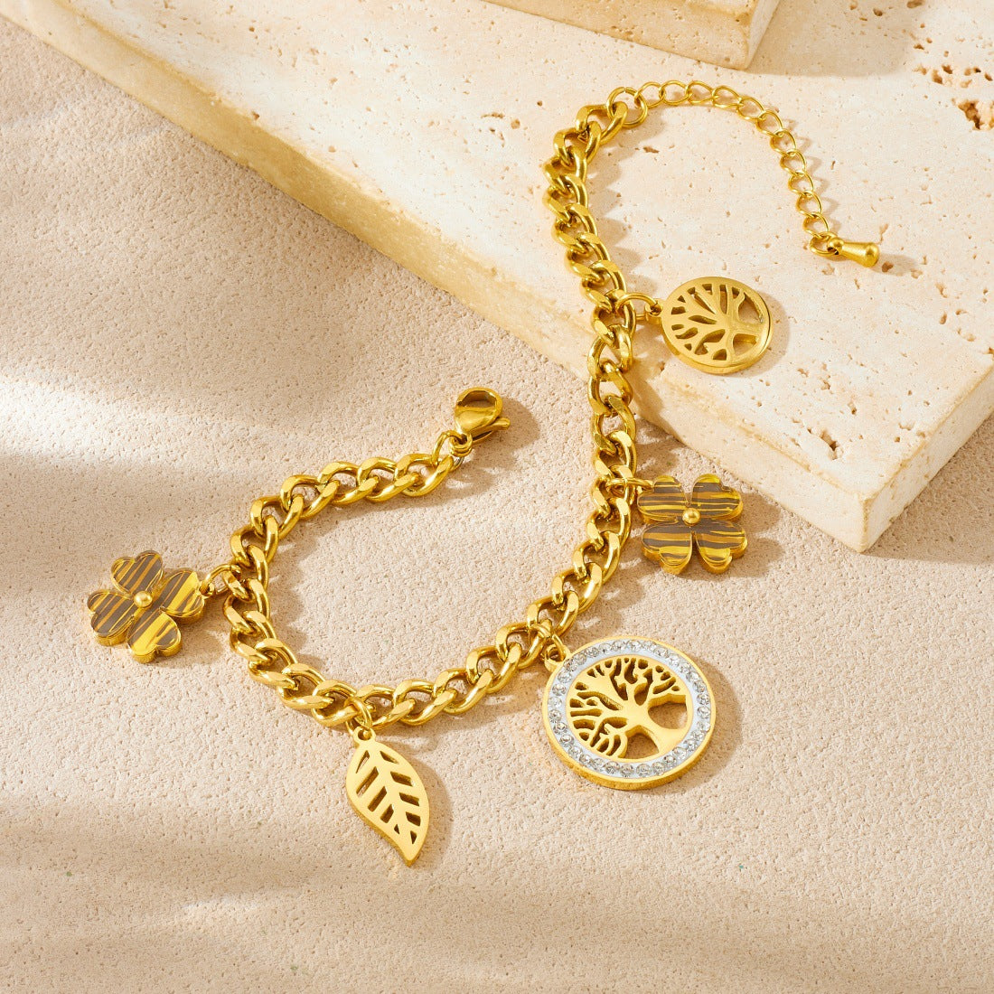 Elegant Gold Plated Rhinestone Round Tree Leaf Hollow Pendant Serpentine Chain Stainless Steel Jewelry Set for Women