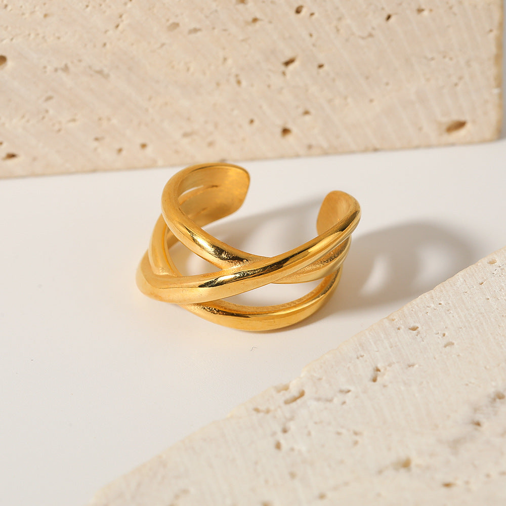 Vintage Geometric Open-Ended Stainless Steel Ring with 18K Vacuum Gold Plating for Unisex Wear