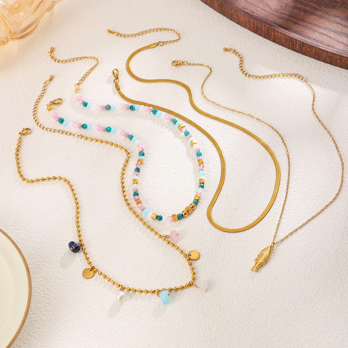 Sweet Colorful Crystal Bead Snake Chain Necklace with Stainless Steel Fish Pendant for Women